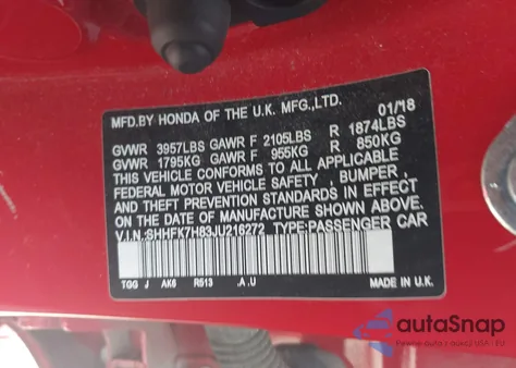 2018 Honda Civic Ex-L из США, поврежденный, VIN SHHFK7H83JU216272